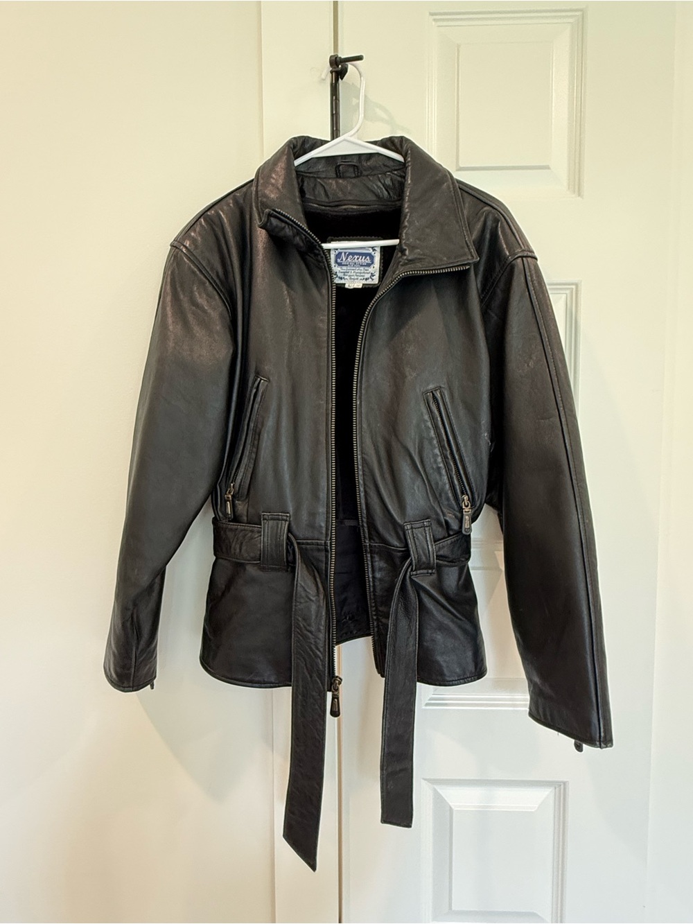 Vintage Nexus New York Black Leather Belted Biker Jacket - women’s Large